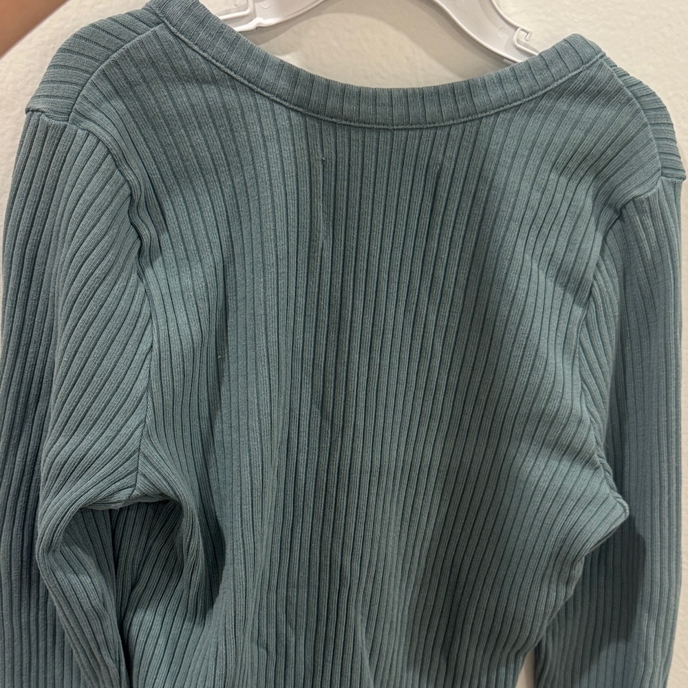 Citizens Of Humanity Ribbed V-Neck Button Cardigan in Dusty Teal - Picture 7 of 16